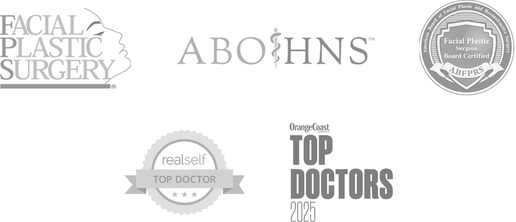 Dr. Daines credential logos including Facial Plastic Surgery, American Board of Otolaryngology - Head and Neck Surgery, American Board of Facial Plastic and Reconstructive Surgery, realself Top Doctor, & Orange Coast Top Doctors -2025