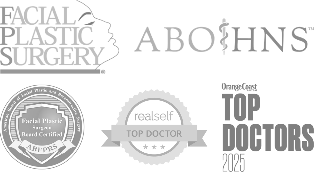 Credential logos including American Board of Facial Plastic and Reconstructive Surgery, American Board of Otolaryngology-Head & Neck Surgery, American Academy of Facial Plastic Reconstructive Surgery, realself Top Doctor, Orange Coast Top Doctors - 2025