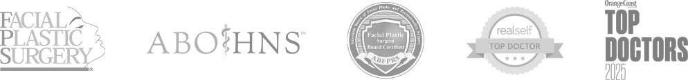 Credential logos including American Board of Facial Plastic and Reconstructive Surgery, American Board of Otolaryngology-Head & Neck Surgery, American Academy of Facial Plastic Reconstructive Surgery, realself Top Doctor, Orange Coast Top Doctors - 2025
